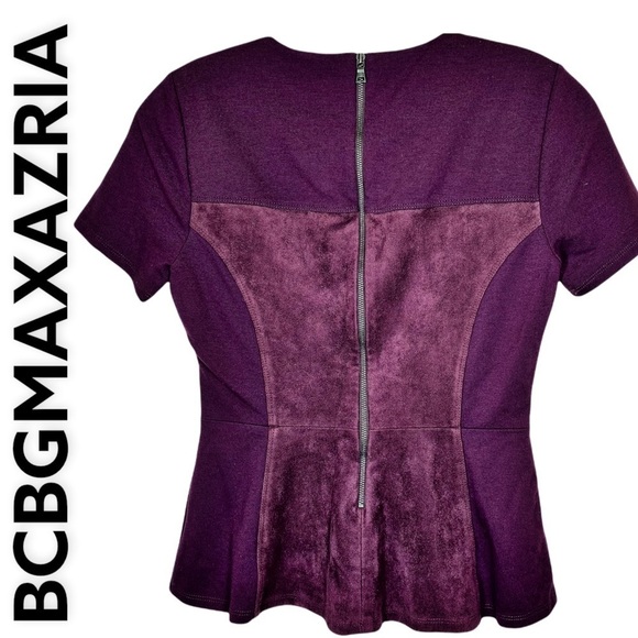 BCBGMAXAZRIA Denna Faux Suede Peplum Top in Plum, Size XXS - Picture 4 of 12
